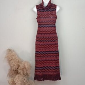 Vintage Women's Boho Earthy Zig Zag Sleeveless Knit Turtle Neck And Skirt sz L